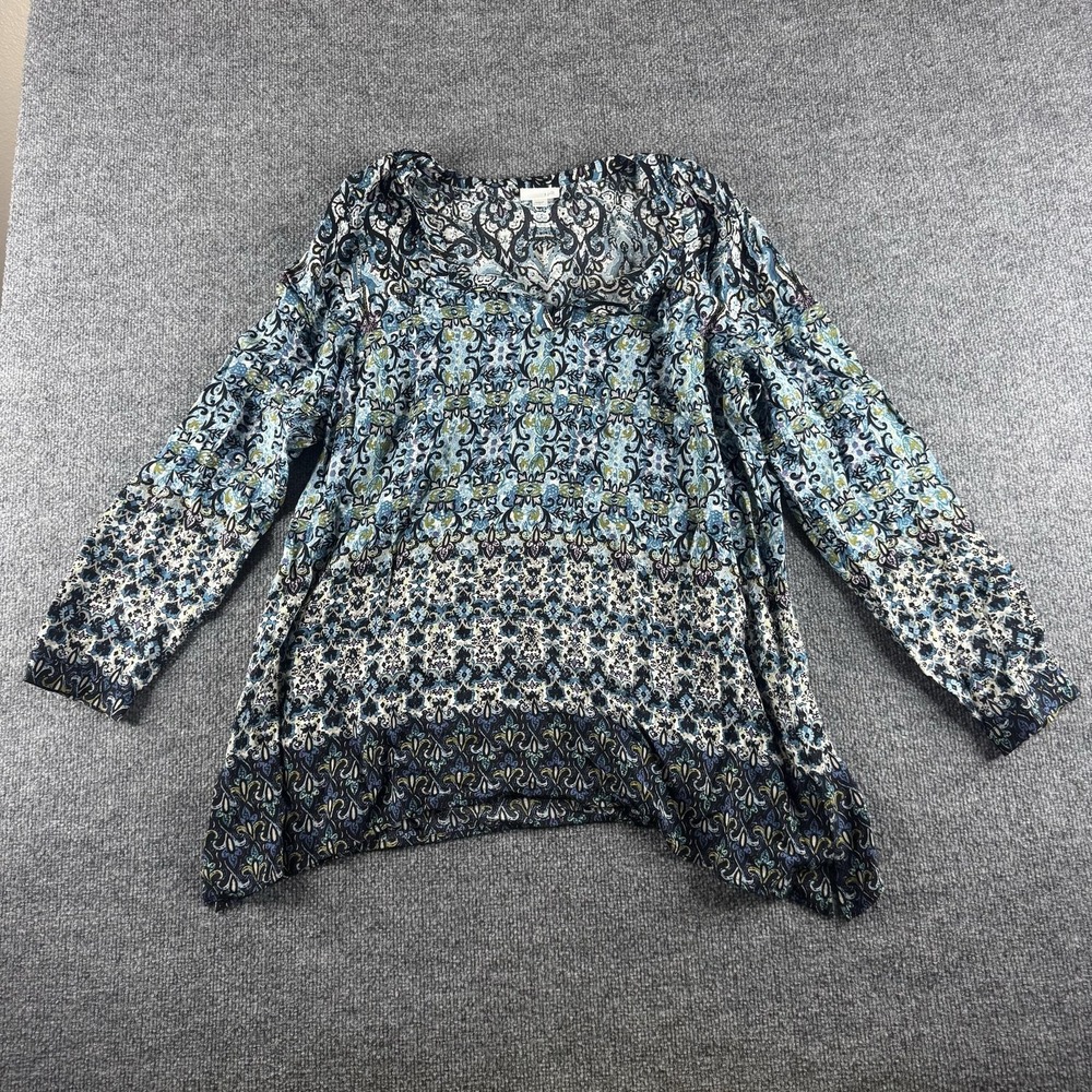 J. Jill Blouse Womens L Blue Paisley Print V Neck Long‎ Sleeve Rayon Top Grunge